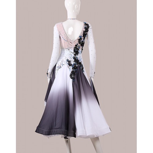 Custom size White with black gradient competition ballroom dance dresses for women girls professional diamond waltz tango foxtort smooth dance long dress